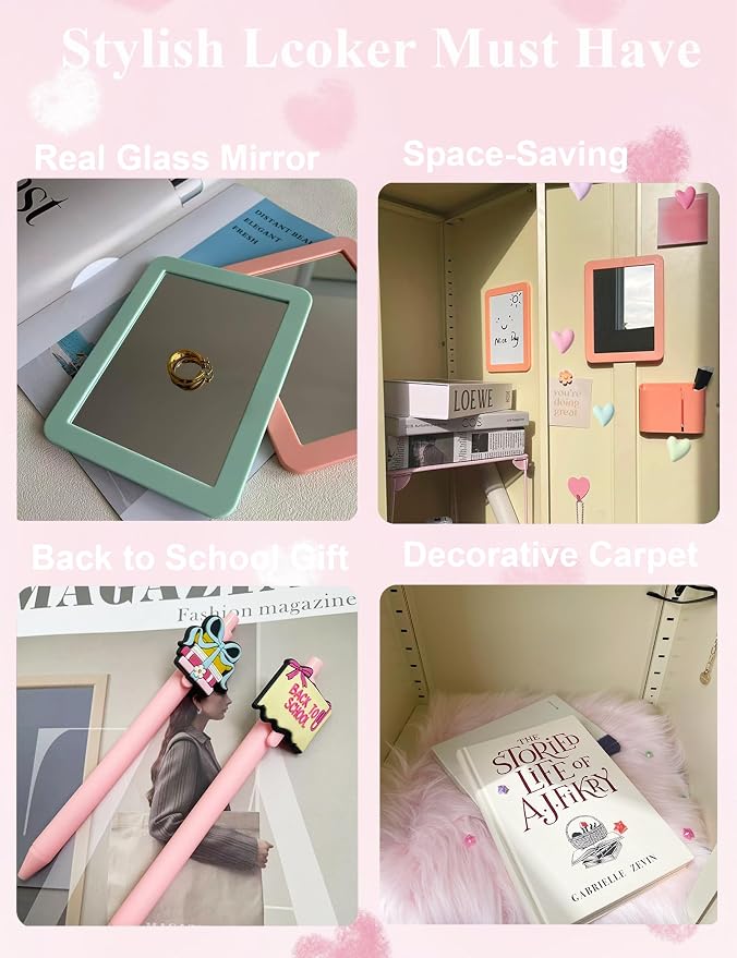 16 PCS Locker Accessories Kit for Girls with Locker Mirror Magnetic Whiteboard Rug Magnets String Lights Sticky Notes Locker Organizer & Decor for School Work, Back to School Essentials-Coral Pink