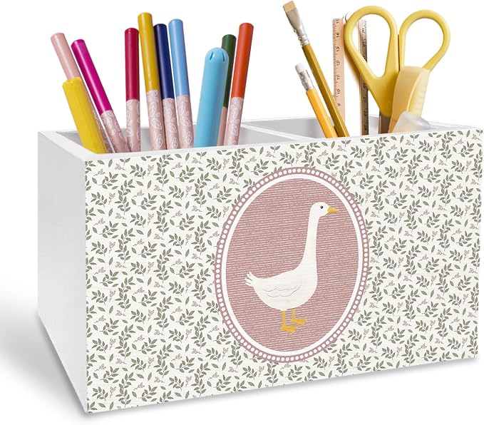 Vintage Floral Goose Pen Holder for Desk, Goose Gifts for Women Pencil Organizer, Cottagecore Botanical Farm Animal Wooden Box Sign Desk Decor for Nursery Home Office Decoration