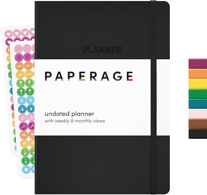 PAPERAGE Undated Weekly & Monthly Hardcover Planner (Black), 5.6 in x 8 in, Includes Lined Note Pages & 2 Sticker Sheets