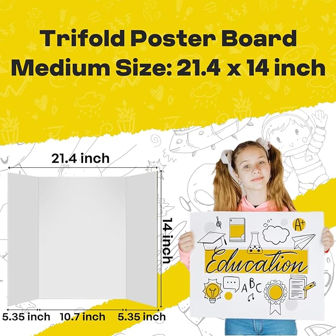 4 Pcs Small Trifold Poster Board, 21.4" x 14" Presentation Board, with Double Sided Tapes and Cardboard, White Corrugated Project Boards/Display Board for School Project/Science Fair Display Boards