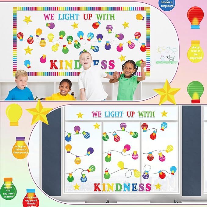 Light Bulb Bulletin Board Set Light up Kindness Themed Classroom Bulletin Board Decorations Bulb Name Tag Cutouts Classroom Decorations for Back to School Office Home Chalkboard Decor Wall Door