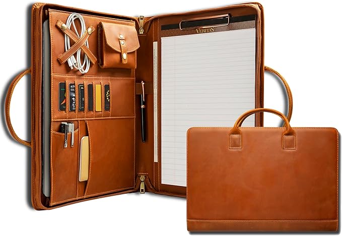 Genuine Leather Portfolio, Padfolio Organizer with Handle, Personalized Padfolio，Padfolio with Zipper for Men Women，Suitable for 15-inch Laptop Legal Pad Padfolio, Brown