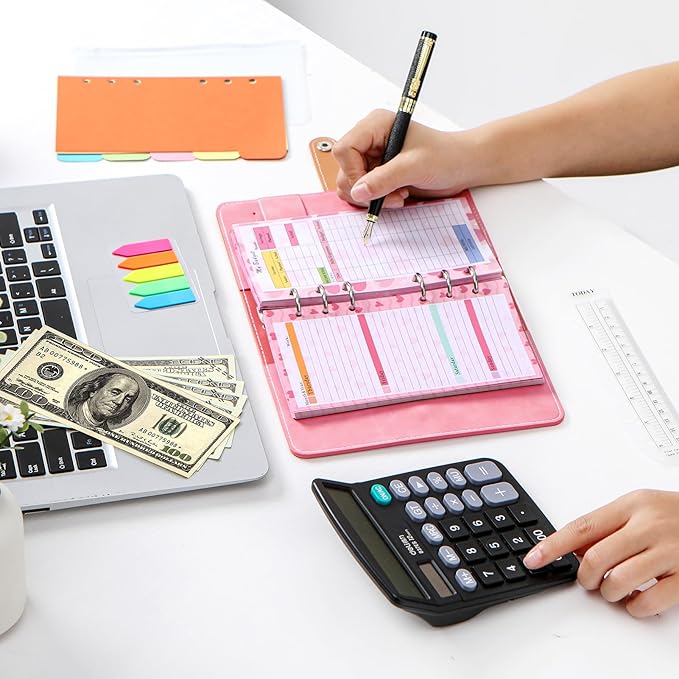 Toplive 7 Pack A6 Planner Inserts Monthly Weekly Planner Refills Expense Budget Sheets with Money Cash Envelopes Divider Today Ruler Stickers for A6 Binder Cover Organizer, Pink