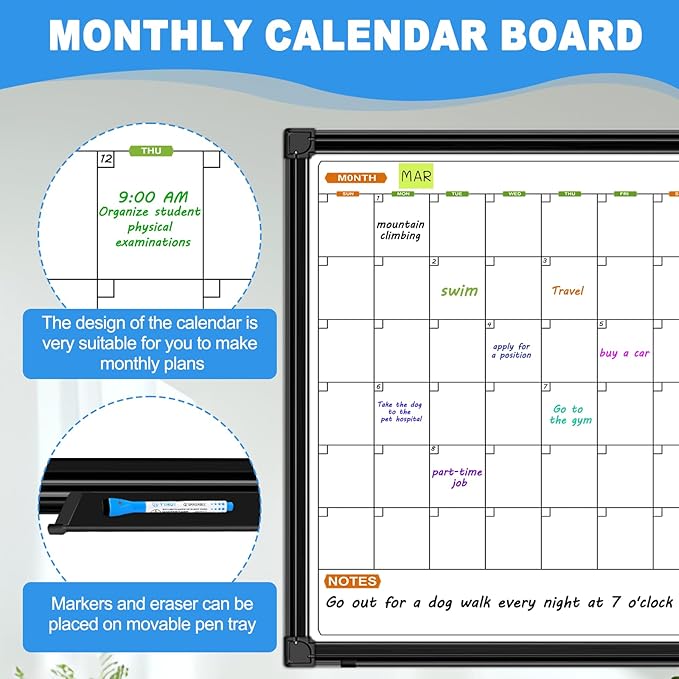 2 Month Whiteboard Dry Erase Calendar for Wall, 36" X 24" Magnetic Calendar Whiteboard for Wall, Wall Hanging Aluminum Frame with Tray for Home, School, Office
