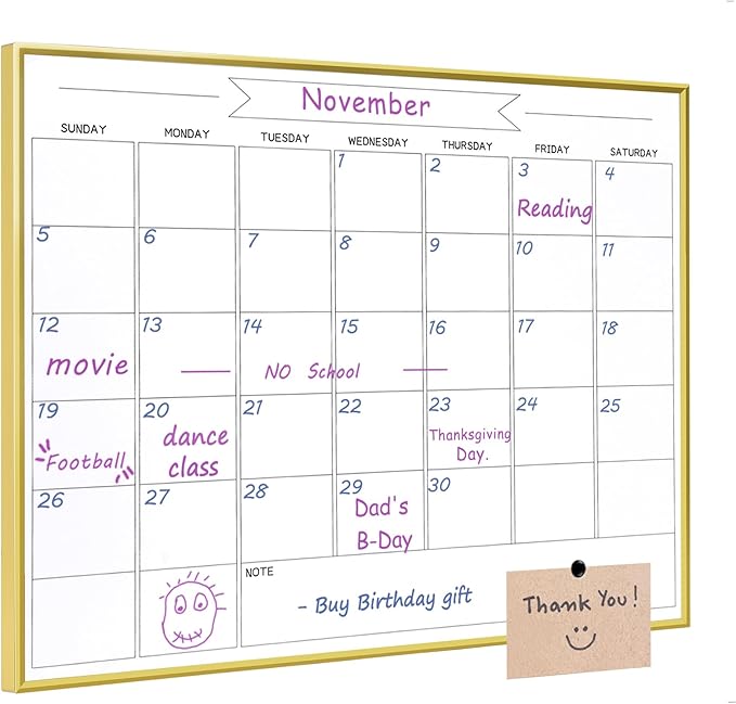 Dry Erase Monthly Calendar Whiteboard, 13"x 17" Gold Aluminum Frame, Magnetic White Board for Wall Office/School/Home, Hanging Board for Decoration/Kitchen Grocery List