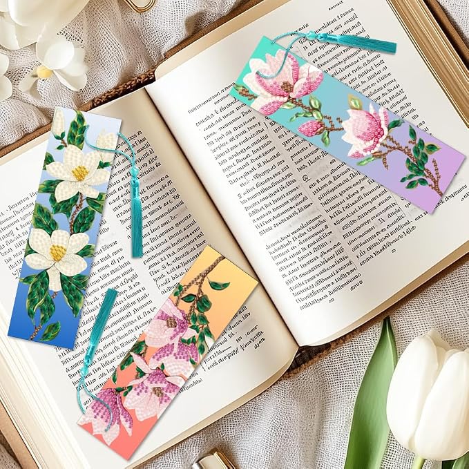 6Pcs Magnolia 5D Diamond Art Bookmarks Flowers Diamond DIY Painting Bookmarks Rhinestones Beaded Acrylic Tassel Bookmark for Adult Beginner Crafts