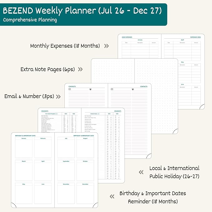 BEZEND Pocket Planner 2026-2027 Weekly Monthly (3.5" x 6") 2-Column Dual Schedule for Work/School/Home or 2 Person (Jul 26-Dec 27) 18 Months Small Academic Calendar, PU Leather Hardcover -Mustard