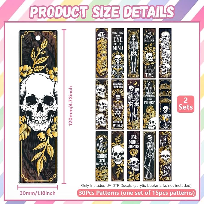 Peacoblue 30pcs UV DTF Bookmarks Transfer Stickers Wraps Skull and Gold for Women Men Reading, Waterproof Bookmarkers Decal(No Blank Bookmarks) for Acrylic Plastic Metal Blank Bookmark