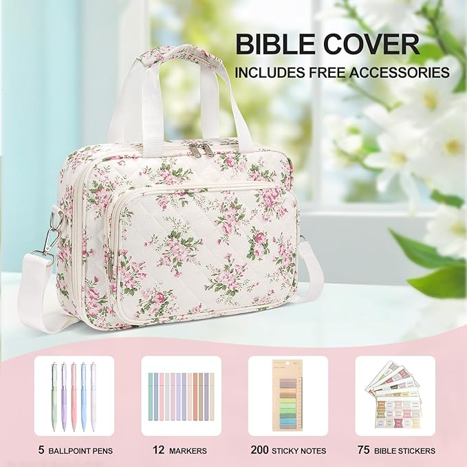 Bible Bag, Bible Cover Case for Women, Quilted Bible Cover with Shoulder Strap, Bible Bags for Women Organizer