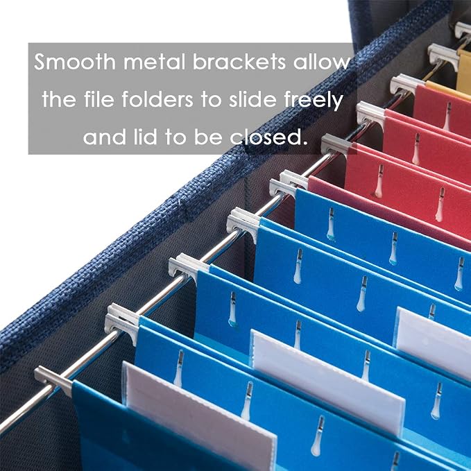 PRANDOM File Organizer Box - Set of 4 Collapsible Decorative Linen Filing Storage Hanging File Folders with Lids Office Cabinet Letter Size Navy Blue (14x9.3x10.8 inch)