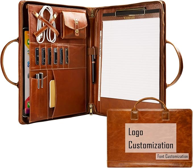 Oil Wax Leather Portfolio, Padfolio Organizer with Handle, Personalized Padfolio，Padfolio with Zipper for Men Women，Suitable for 15-inch Laptop Legal Pad Padfolio, Brown