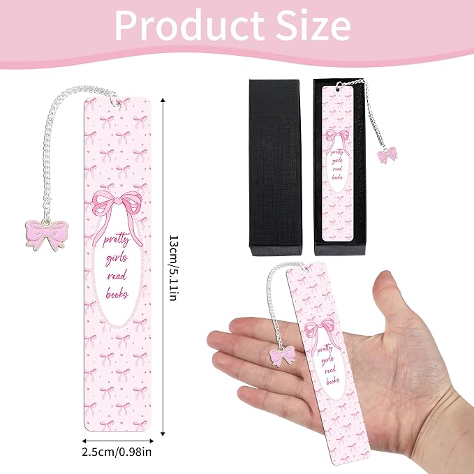 Pink Bow Metal Bookmark Gifts, Cute Metal Bookmark with Charm, Pretty Girls Read Books Gift for Women Girls, Bookish Accessaries for Reading Book Lovers Birthday Christmas School Office Supplies