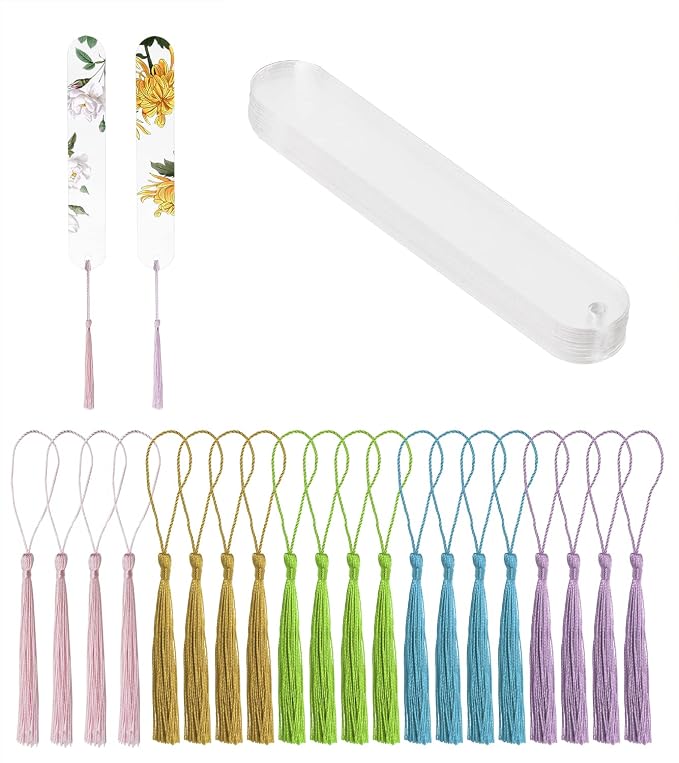 Blank Clear Acrylic Bookmarks Penta Angel 20Pcs Plastic Craft Transparent Acrylic Book Page Marks with 20Pcs Small Book Page Marks Tassels for DIY Projects and Graduation Gift Tag (Oval)