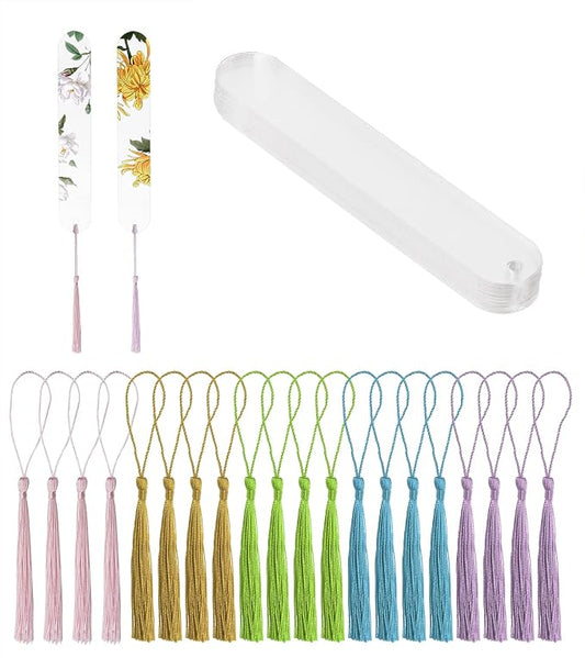 Blank Clear Acrylic Bookmarks Penta Angel 20Pcs Plastic Craft Transparent Acrylic Book Page Marks with 20Pcs Small Book Page Marks Tassels for DIY Projects and Graduation Gift Tag (Oval)