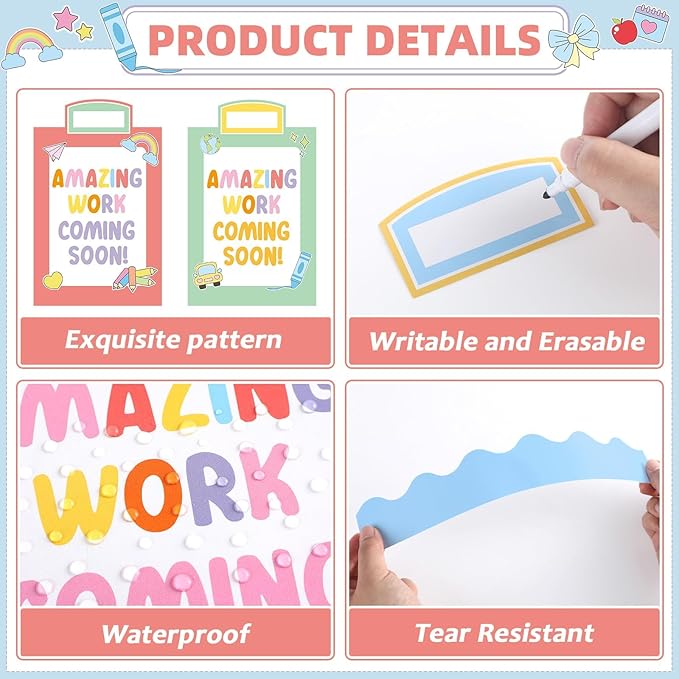 Wiooffen 154 Pcs Student Work Display Bulletin Board Set Bulletin Board Cutouts with Clips Names Display Inspirational Student Work Classroom Wall Decor for Teacher Back to School Supplies Boho