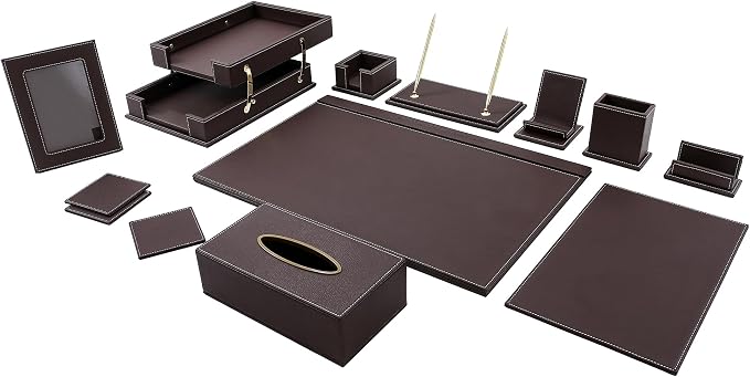 Leather Desk Set, 11-Piece All-in-One – Executive Desk Accessories & Office Supplies,Desk Organizer with Desk Pad & Blotter, 2-Tier Letter Tray, Luxury Office Desk Decor & Boss Gifts (Brown)