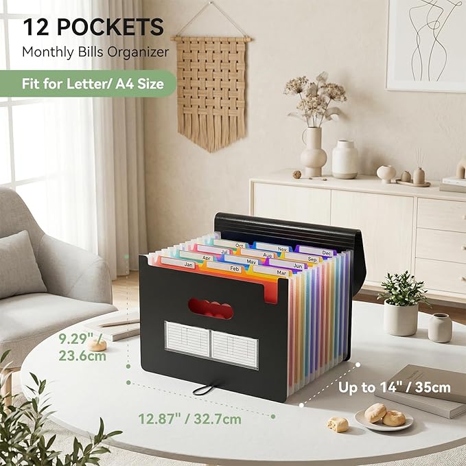 ThinkTex Accordion File Organizer, 12 Pockets Monthly Bill Receipt Organizer, Portable Expanding File Folders, Multi-Color Tabs, Letter/A4 Size - 3 Packs