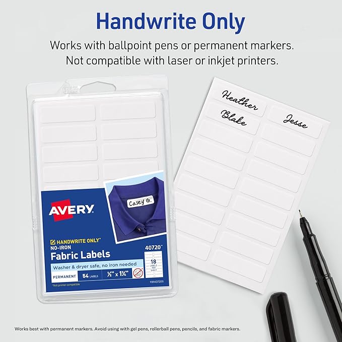 Avery No-Iron Fabric Labels, 1/2" x 1-3/4", Washer and Dryer-Safe Waterproof Labels, Non-Printable, 54 Total (40720)