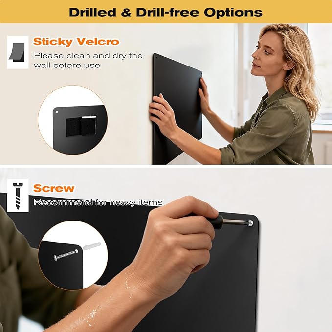24" x 36" Magnetic Board, Black Magnet Bulletin Board to Display Magnetic Letters, Metal Board for Wall, Refrigerator Photo, with Dual Lock Tape and Screws, Marker Pen