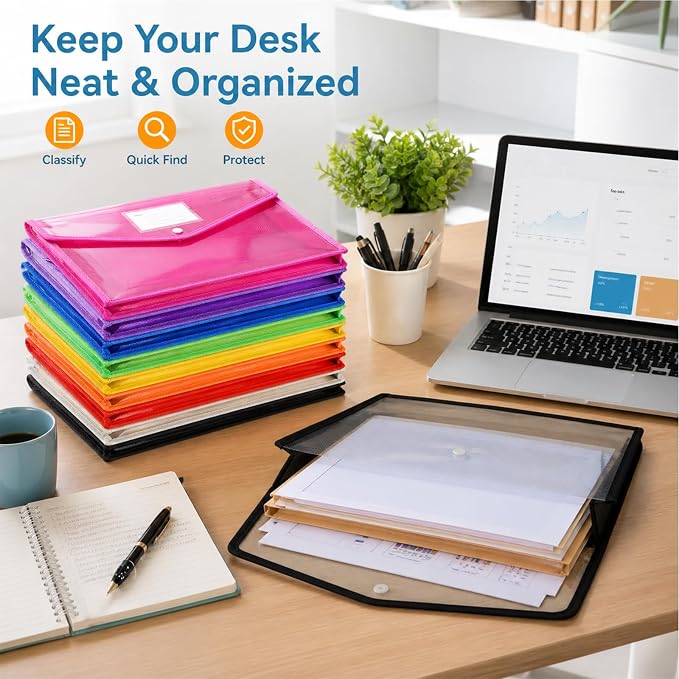 10 Pack Plastic Expanding File Folder, Waterproof Transparent Expandable File Folder, Transparent Files Folders for Documents with Snap Closure, Large Capacity, Fit Legal/B4 Size, 9 Colors