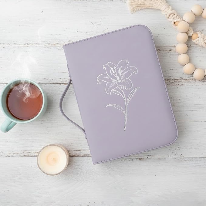 Large Bible Cover for Women, Large PU Leather Bible Case with Elegant Embossed Floral Pattern, Interior Pockets for Phone Pen & Notebook, Elastic Strap, Christian Gifts for Women(Purple)