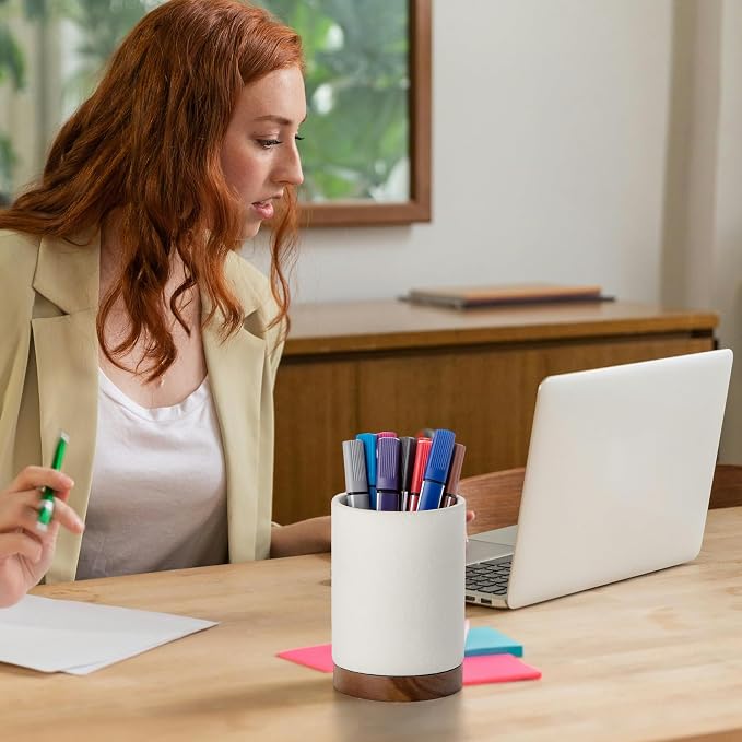 Ceramic Pen Holder for Desk, Pencil Cup Organizer and Makeup Brush Holder, Pen Cup Office Desk Accessories(White,Set / 1)