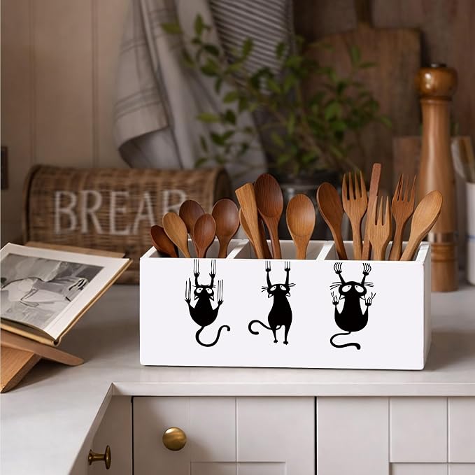 Funny Cat Pencil Holder, Wooden Desk Organizer with Cartoon Cats Climbing, Pen and Pencil Storage, Office and Study Desk Accessories