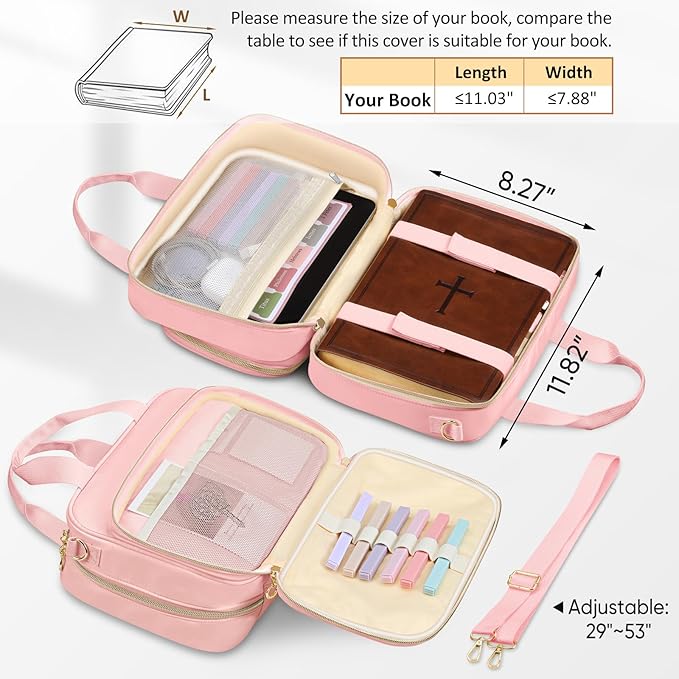 FINPAC Large Bible Cover Case for Women, Bible Study Supplies Journaling Kit with Shoulder Strap, Christian Gifts Church Bag, Pink