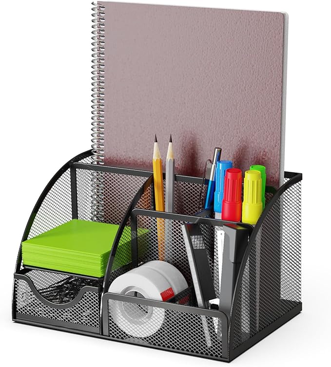 Desk Organizer and Pencil Case with Drawer and 6 Compartments in Black Metal Mesh. Space-Saving Desk Organizer for Pens, Pencils, Sticky Notes, Clips and Staplers