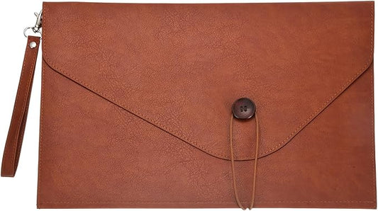 PATIKIL Leather Folder, 14x10 Leather Document Holder File Folder PU Pouch Bag Portfolio File Organizer Handbag Button Personal Envelope Waterproof for Traveling Men Gift, Brown