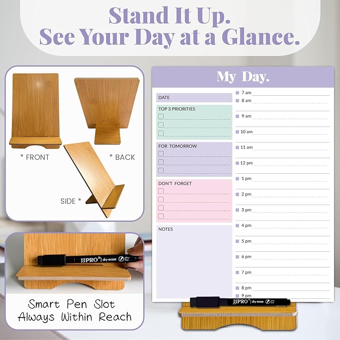JJPRO Reusable Desktop Daily Planner with Stand,Hourly Dry Erase Board,11"x8.5"Schedule Board,Dry Erase Time Schedule with Time Slots, Desk Hourly Dry Erase Board w/Engineered Wood Stand-Purple