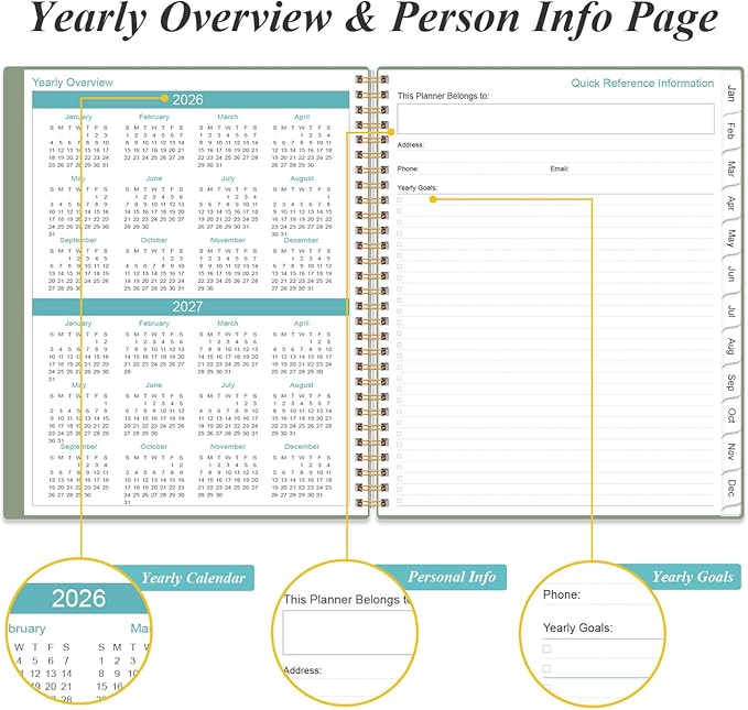 2026-2027 Monthly Planner - 18 Monthly Calendar, January 2026 - June 2027, Two Pages Per Month, 9" x11" Planner with Tabs, Strong Twin-Wire Binding, Inner Pocket, Green