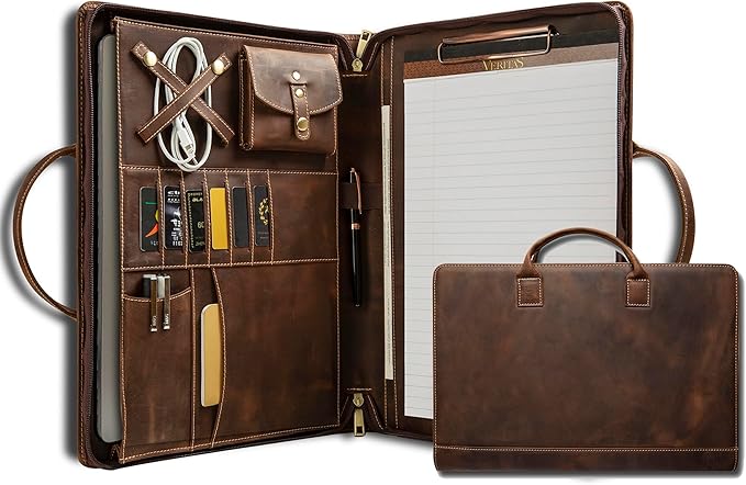 Genuine Leather Portfolio, Padfolio Organizer with Handle, Personalized Padfolio，Padfolio with Zipper for Men Women，Suitable for 15-inch Laptop Legal Pad Padfolio, Dark Khaki
