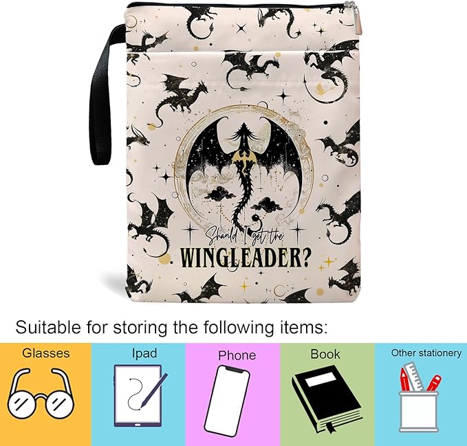 Fourth Wings Inspired Book Sleeve, Book Sleeves with Zipper, Dragon Book Sleeve for Book Lovers, Book Pouch Kindle Protector, Gifts for Women Teacher Librarian Bookworm Bookish (White-A, Large)