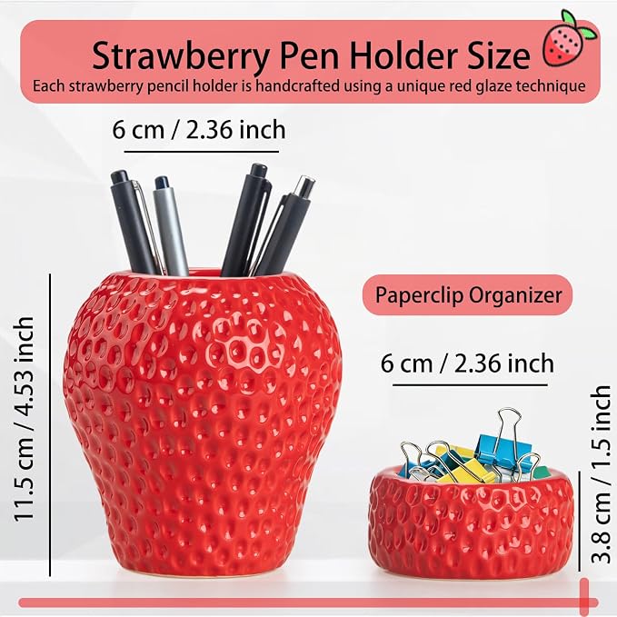 Ceramic Paper Clip Holder, Strawberry Pen Holder Set, Cute Pen Holder for Desk Storage Set of 2, Office, School, Home Decor(Red)