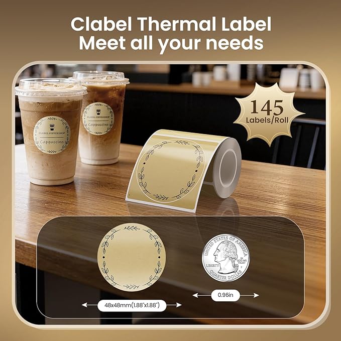 Clabel Round Kraft-Print Labels - 1 Roll x 1.89'' (48x48mm) Patterned with Border (2 Designs), Thermal Glossy, Home/School/Office for CLABEL 221B/220B/230B Label Maker, 145PCS/Roll
