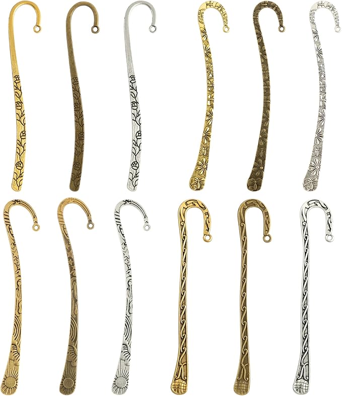 Framendino, 12 Pack Metal Bookmark Antique Tibetan Carved Hook Bookmarks with Loop for Crafting (4 Colors)