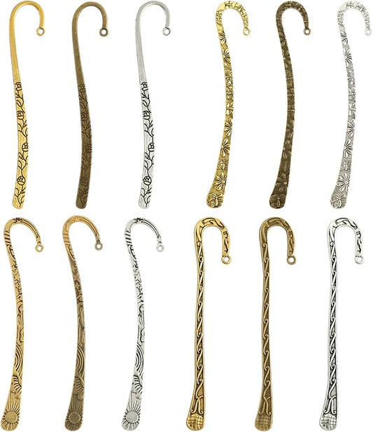 Framendino, 12 Pack Metal Bookmark Antique Tibetan Carved Hook Bookmarks with Loop for Crafting (4 Colors)