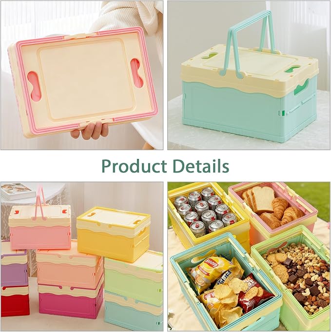 Tobeso-Nuoze Pastel Plastic Storage Bin with Lid Small Cute Foldable Pastel Crates Plastic Basket Colorful Storage Containers Baskets for Classroom Kitchen Office Bedroom Desktop Home Decor (Pink)