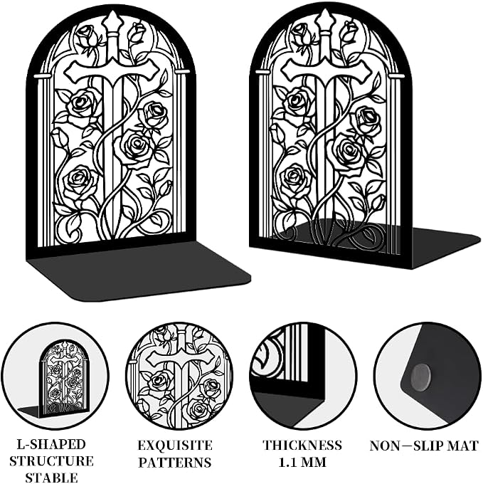 Bookends for Shelves, 2 Pcs Rose Flower Sword Design Book Ends Metal Decorative Bookends for Home Office and Library, Black