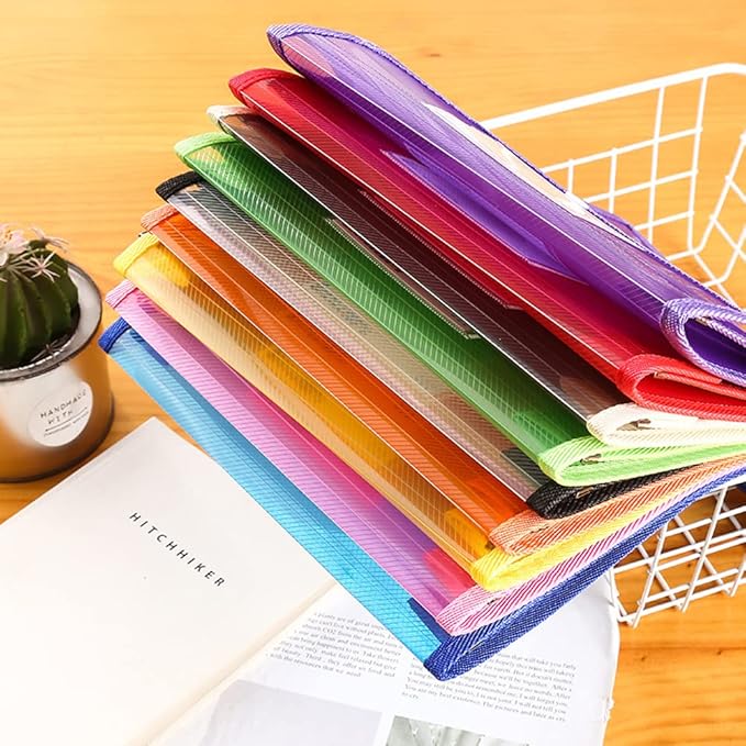 Plastic Document File Folder A4 Size Expandable Poly Envelopes Waterproof Transparent File Pouch with Snap Closure & Label Pocket Assorted Colors for School Office Organization (Vertical,10 Pack)