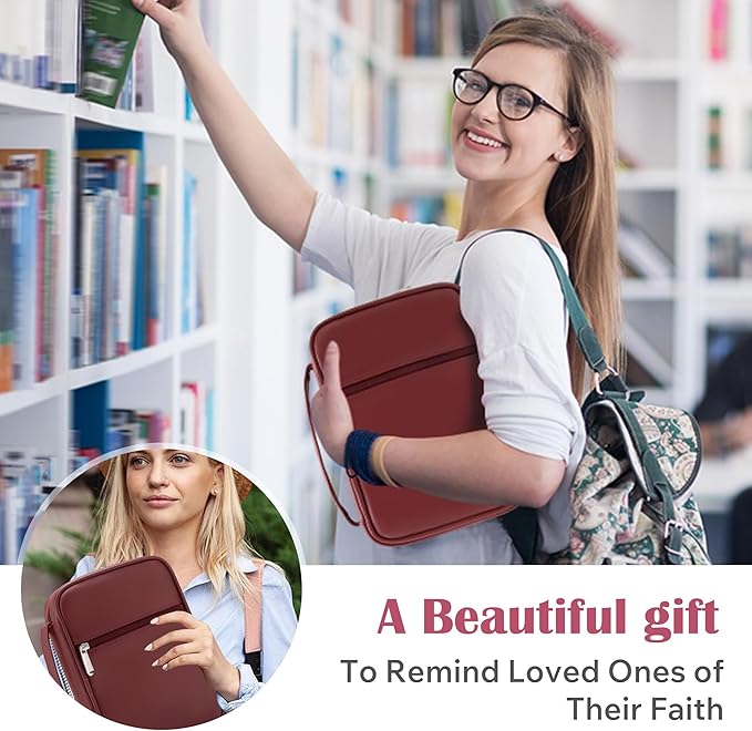 Small Bible Cover Case for Women and Men, 9x6 PU Leather Bible Sleeve, Compact Travel Bible Carrier Bag with Front Pen Holders, Zipper Closure, Inner Pockets - Burgundy Red