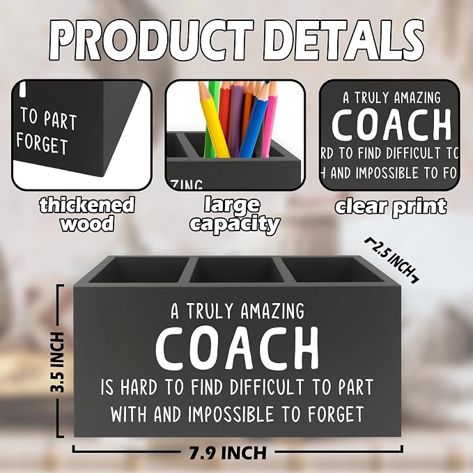 Coach Gifts Pen Pencil Holder Organizer for Desk, Best Coach Gift, Thank You Appreciation Gifts for Coaches Women Men Wooden Box Sign for Home Office Workplace Desk Tabletop Decorations