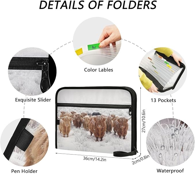 Scottish Highland Cow Winter Expanding Accordion File Folder with 13 Pockets and Zipper Closure