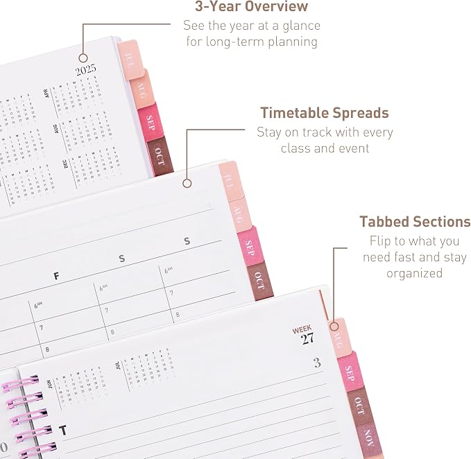 Rileys Academic Planner 2025-2026, Daily, Weekly & Monthly Planner, July 2025 - June 2026, Student Notes Pages, Twin-Wire Binding, Weekly Agenda for School & Work (8 x 6-Inches, Pink)