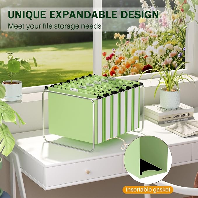 Green Hanging File Folders, 2" Expandable Green File Folders Hanging Folders Expanding Hanging File Folder, Plastic Hanging Files Folders with Tabs & Expandable Bottom, Lette Size, 12 Pack