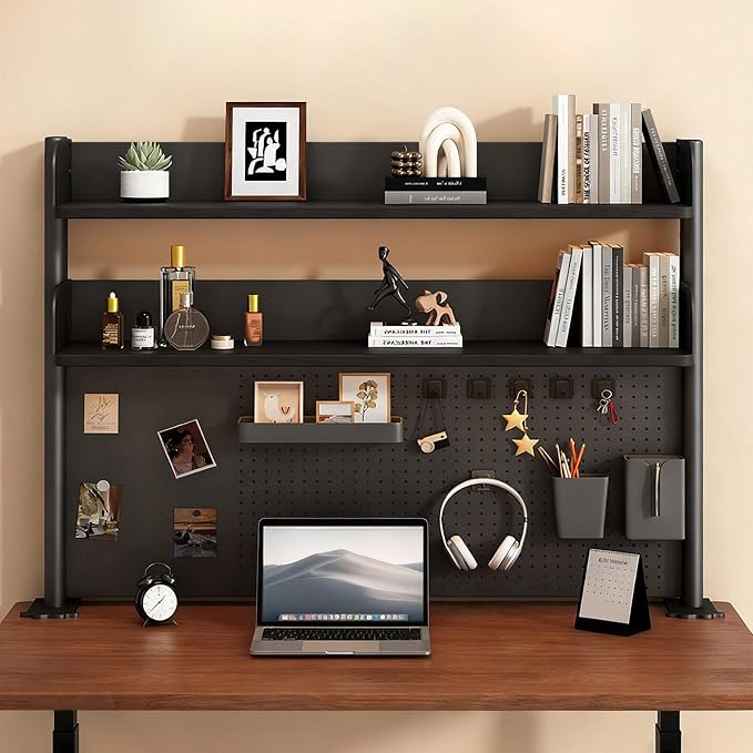 Clamp On Desk Shelf Organizer with Pegboard Desk Hutch Dorm with Storage Bookshelf Desk Top Organizer Shelf Multi-Purpose White & Black Desktop Shelves & Office Shelves (Black, W - 23.6")