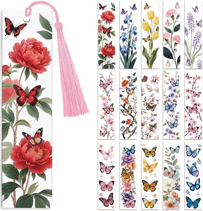 Peacoblue 30pcs UV DTF Bookmarks Transfer Stickers Wraps Butterfly and Flowers for Women Men Reading, Waterproof Bookmarkers Decal(No Blank Bookmarks) for Acrylic Plastic Metal Blank Bookmark