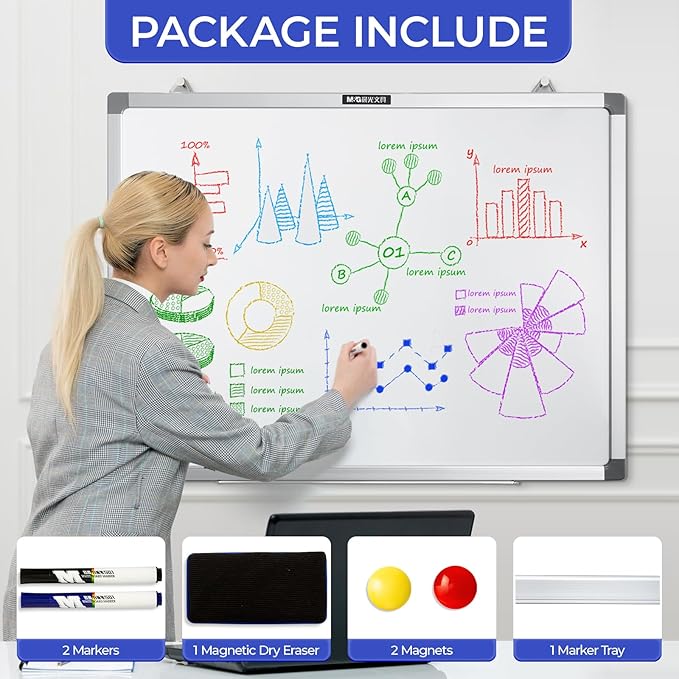M&G Dry Erase Board Magnetic White Board for Wall, 28” x 20” Whiteboard with 2 Markers & 2 Magnets & 1 Eraser, Hanging Whiteboard with Silver Frame for Planning, Drawing, to Do List, Office Use