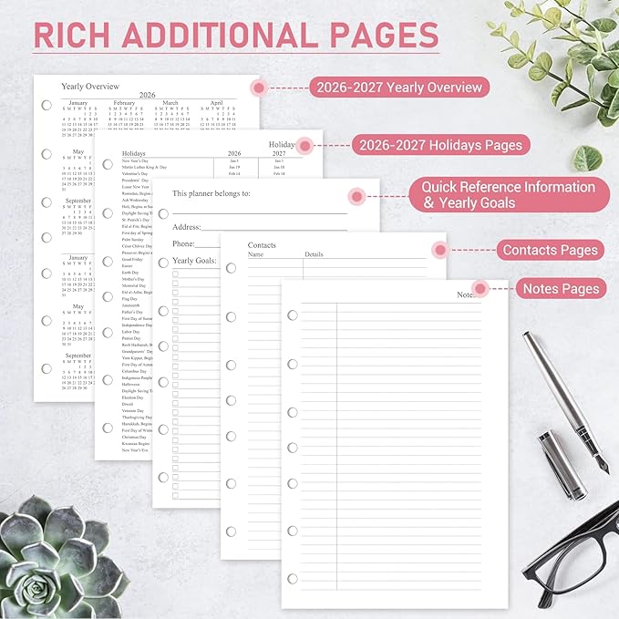 2026-2027 Monthly Planner Refill for A5 7-Ring Binders, 5.5" x 8.5" Medium Size Planner Inserts, Jul. 2026 - Dec. 2027, 18 Monthly Calendars with Colorful Laminated Tabs, 7-Hole Punched